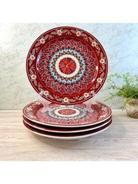 Pottery Barn Mezze Red Dinner Plates Set Of 4 Discontinued & Rare Mandala 10.5"